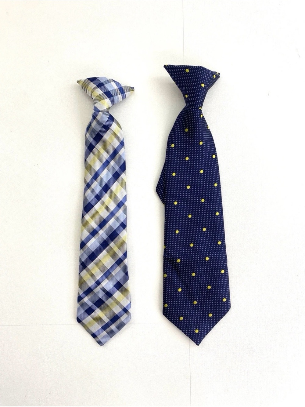 Boys Navy Blue Yellow Clip-on Necktie Lot of 2 Kids Accessories Plaid Polka Dot